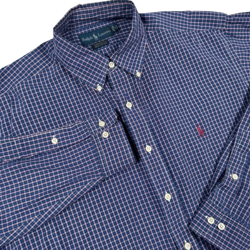 VTG Ralph Lauren Button Down Shirt 17 34/35 Blue Plaid Preppy Yarmouth Preppy